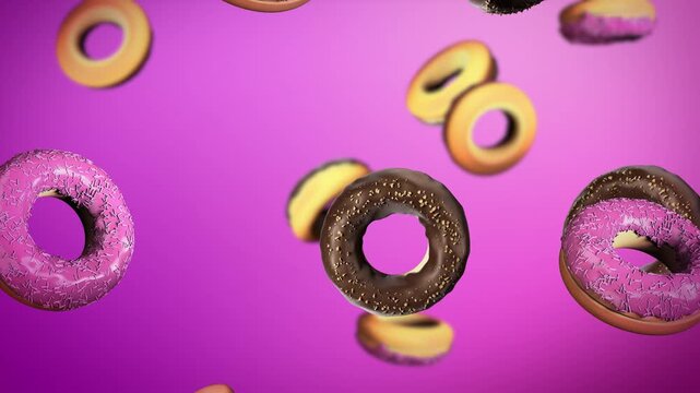 4K seamless loop of colorful glazed donuts floating on a vibrant pink background. Sweet dessert animation with realistic 3D pastry motion.