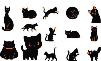 Obraz premium Set of cute black cat stickers for halloween decorations featuring various poses and silhouettes on white background