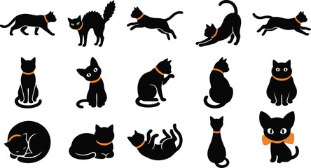 Obraz premium Set of various black cat silhouettes in different poses perfect for halloween decorations and spooky graphic design projects