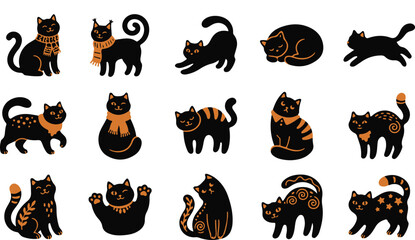 Obraz premium Set of cute hand drawn black cat illustrations for halloween decorations and festive seasonal scrapbooking design elements