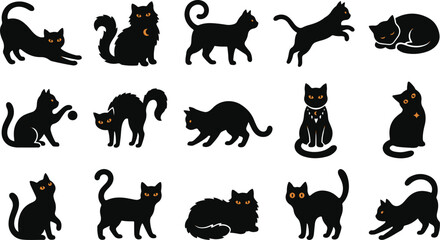 Fototapeta premium Set of various black cat silhouettes in different poses perfect for halloween decorations and spooky graphic design projects