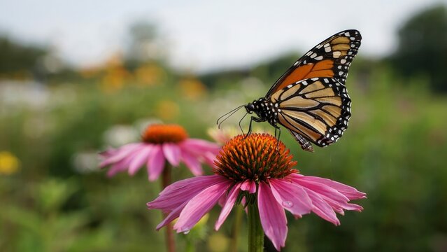 A vibrant monarch butterfly rests gracefully upon the bright pink petals of a blooming coneflower plant