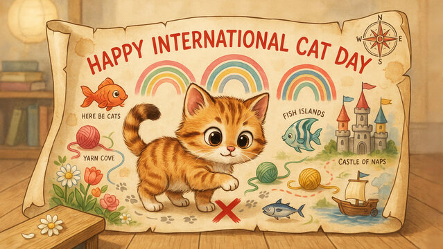 Cute cat on map illustration for international cat day celebration