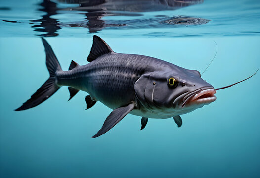Dark gray fish with long barbels swimming underwater in clear blue water with surface reflection, the fishs body shows subtle patterns and textures