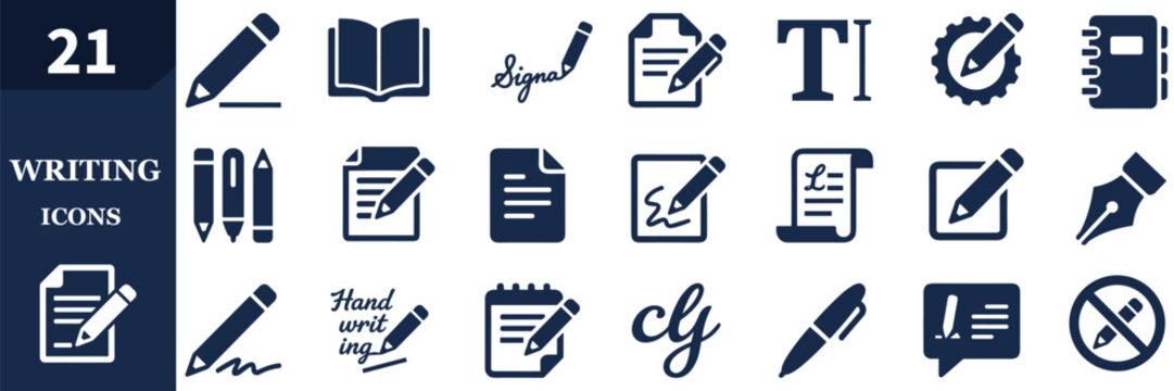 Writing Icon Set With Pen, Notebook, Signature, Editing and Content Creation Symbols