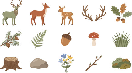 Obraz premium Cute woodland animal icon set with deer, antlers, forest plants, mushrooms, and rustic nature elements design
