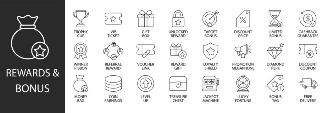 Rewards and bonus line icon set featuring trophy cup, gift box, discount coupon, loyalty shield, money bag, treasure chest, cashback guarantee, and promotional offer vector symbols.