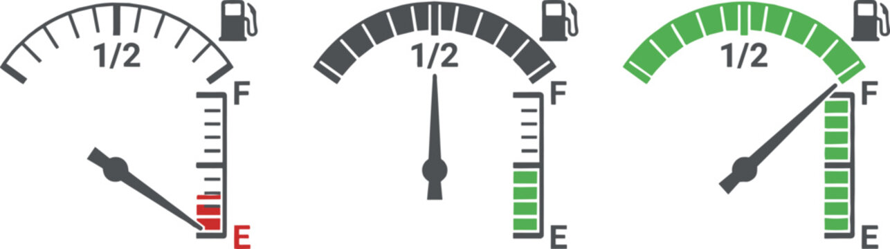 Automotive fuel gauge dial vector set displaying low half and full level indicator dial needles.eps