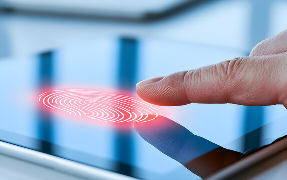 Finger touches tablet screen for biometric scan. Digital security verification uses fingerprint identification on modern device. Access granted via thumbprint authentication