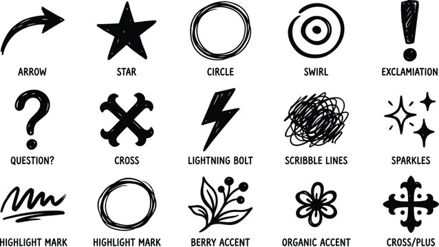 Collection of hand drawn doodle icons featuring various shapes symbols and artistic design elements