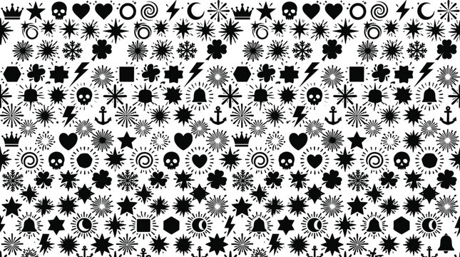 Black and white mixed icon set seamless pattern featuring crowns skulls hearts and starbursts vector illustration.eps