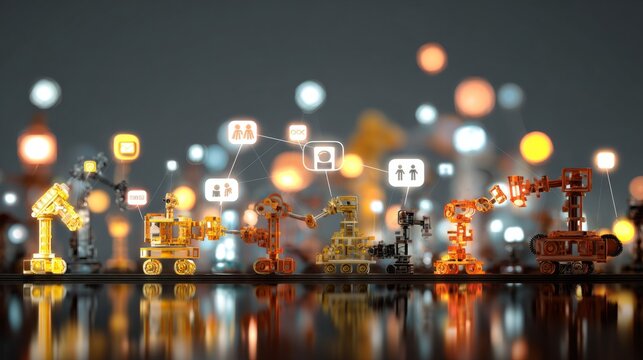 Robotics meets technology in streamlined phone production. Connected people concept. Futuristic vision: robots crafting phones with precision. Online networking idea.