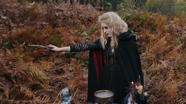 Pale woman in black cloak with lace sleeves extends curved wooden wand over low ritual altar in autumn bracken clearing, focused gaze, muted forest light, mysterious outdoor costume scene