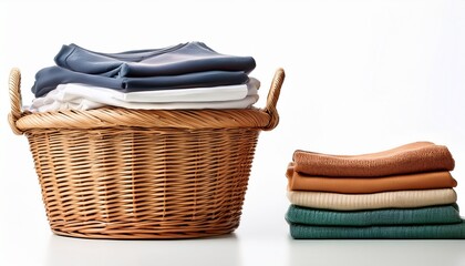 Obraz premium stack of clean clothes and wicker basket with clean laundry isolated on white background