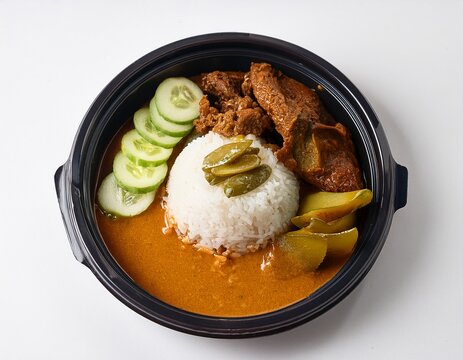 hearty malay nasi minyak dish featuring goat curry and tangy pickled cucumber arranged in plastic containers on a white background