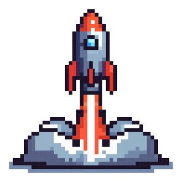 A rocket stands on a launch pad, ready for takeoff. Flames shoot out as it prepares to leave the ground. The background shows a simple design of clouds and sky