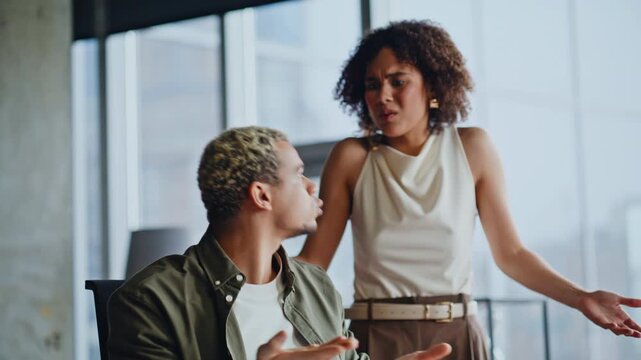 Business partners conflict office. Stressed man reacting bad news, angry woman.