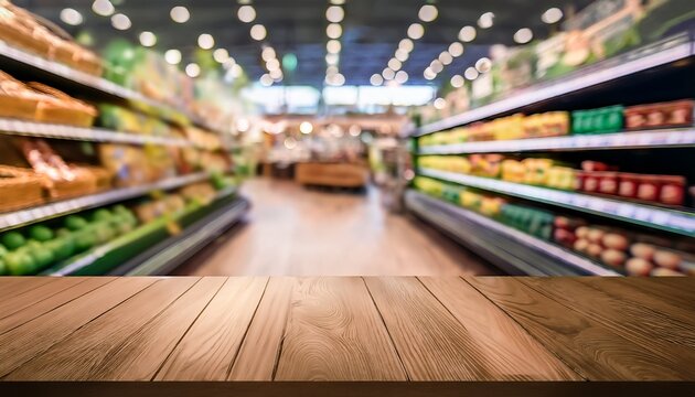 wood counter product display with softly obscured supermarket background and cool bokeh effect