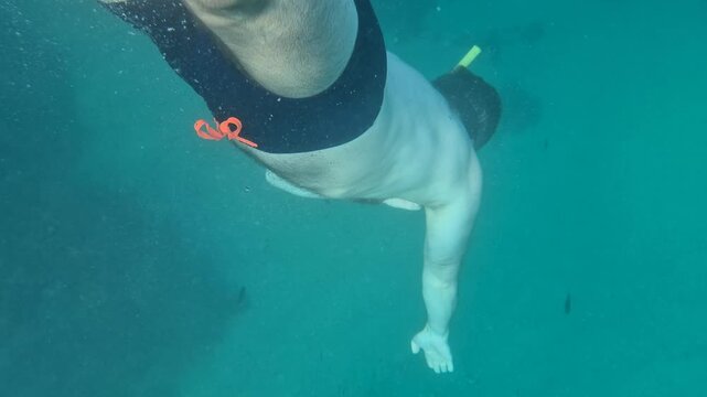 Snorkeling swimmer glides underwater through tropical turquoise ocean depths as light reflects off moving sea currents. Follow-back pull-away shot.
