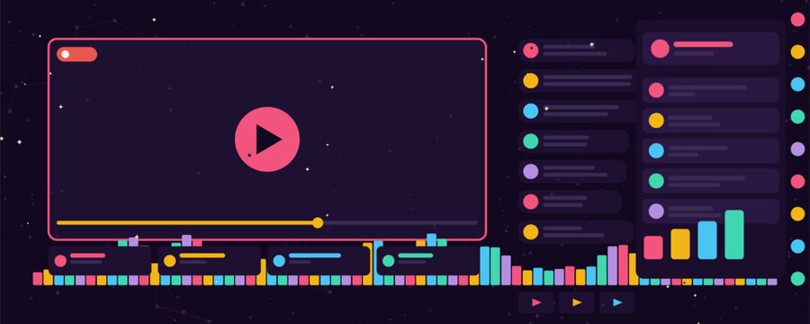 Video marketing live streaming banner with player screen play button audio waveform live chat feed and viewer sidebar, influencer content concept vector illustration