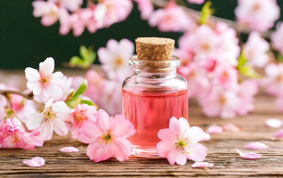 Glass bottle with red liquid stands on wooden surface surrounded by pink cherry blossoms. Floral petals lie on table near clear flask. Spring flowers bloom on branches in background.