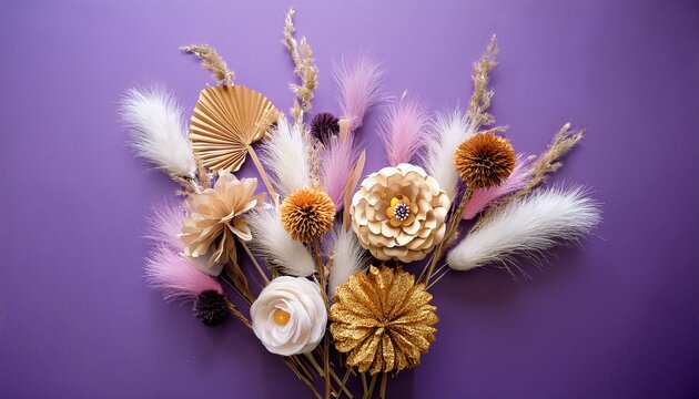 dried and fake paper flower boho style home decoration on violet background
