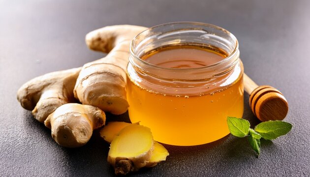 organic honey served with sliced spicy ginger root