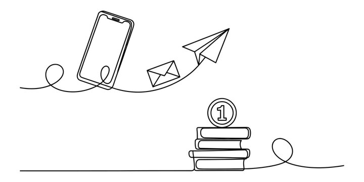 Continuous single line drawing of mobile phone with paper airplane envelope and stack of books with coin isolated on a plain white background Vector, illustration