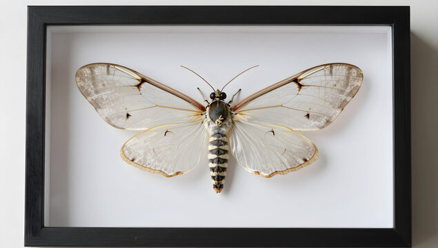 Framed biological specimen of a clearwing moth with transparent wings