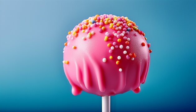 yummy confectionery pop coated in bright pink glaze with assorted sprinkles