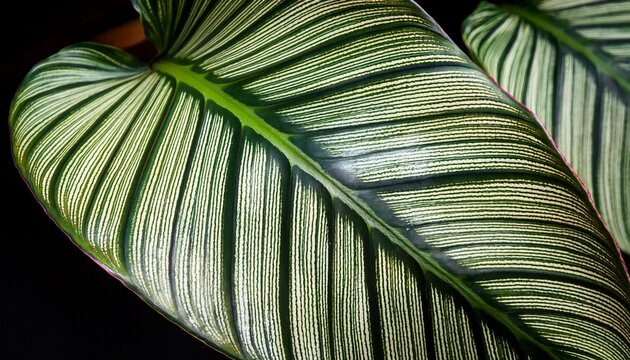 close up of oval shaped leaf of exotic maranta leuconeura silver band houseplant