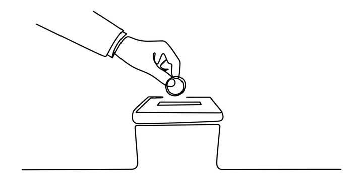 Continuous single line drawing of a hand putting a coin into a donation box for charity and saving money concept isolated on a white background Vector, illustration