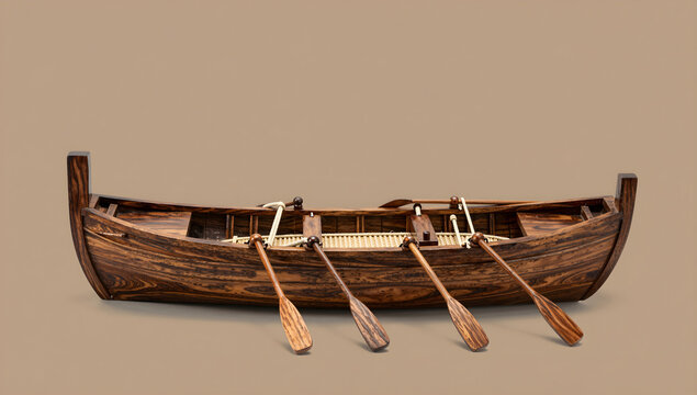 Miniature wooden rowing galley model with oars