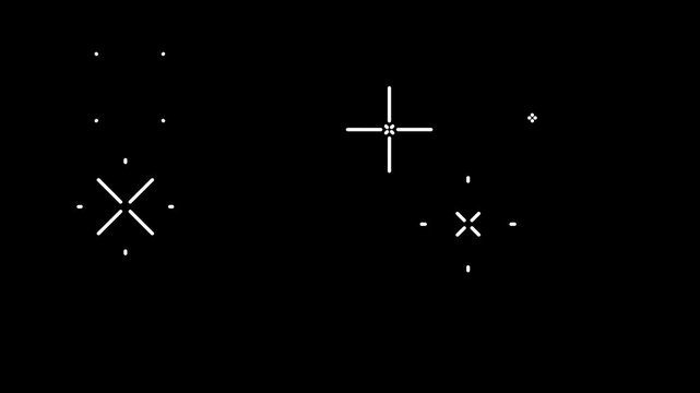 Retro pixel sparkle overlay: animated white stars and twinkling crosses on black background