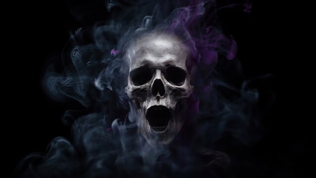 Detailed human skull with an open jaw surrounded by swirling purple and blue ethereal smoke clouds
