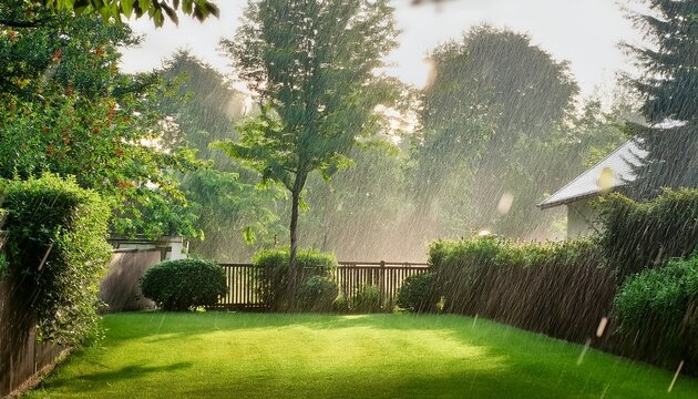 heavy rain falling in a green backyard with trees
