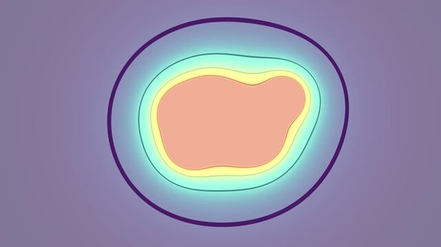 A seamless looping animation features a glowing organic shape within nested purple circles against a purple background.