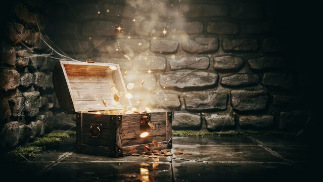 An open wooden treasure chest overflowing with glowing magical gold coins and shimmering bright light particles