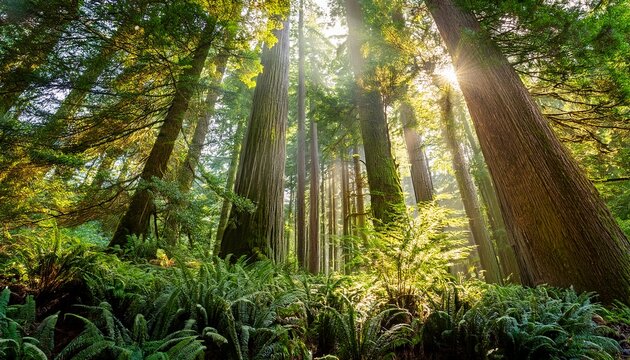 tall trees in a lush green forest with sunlight shining
