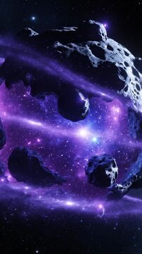 Asteroid in deep space with nebula and galaxy background, celestial cosmos astronomy universe planetoid meteorite interstellar science astrophysics cosmic exploration