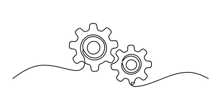 Two gear wheels drawn with a single continuous black line representing teamwork and mechanical engineering concepts isolated on a white background Vector, illustration