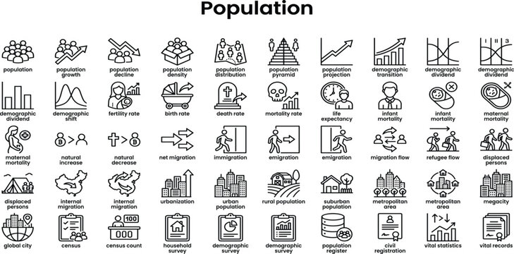 Population icon set. Icons related to demographic, birth, mortality, census, growth, urbanization, migration, overpopulation, fertility. Vector illustration