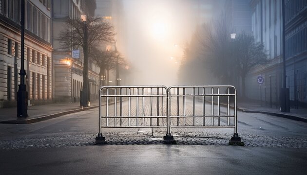 metal barricade obstructs a foggy urban street a symbol of closure restriction and uncertain paths forward in a muted quiet atmosphere
