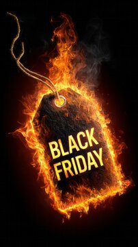 Burning Black Friday price tag in flames on black background
