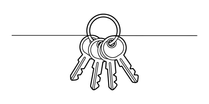 A simple black and white line art illustration of a metal key ring with four keys hanging from a horizontal line for home security or real estate Vector, illustration