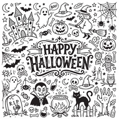 Fototapeta premium A playful black-and-white Halloween doodle collage with the text ‘HAPPY HALLOWEEN’ in bold letters at the center