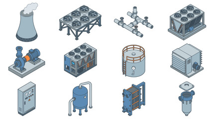 Industrial machinery and equipment isometric set. © Joi