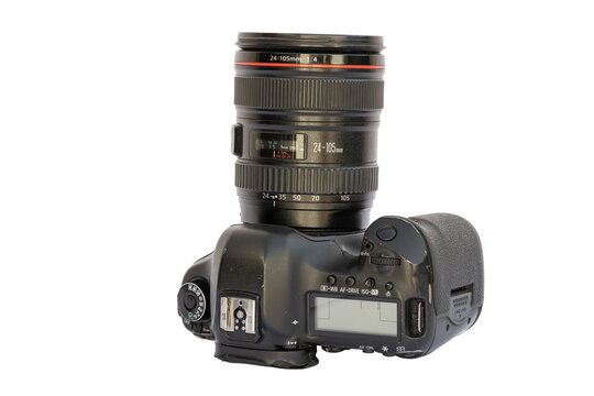 Professional Digital Camera with Zoom Lens on White Background