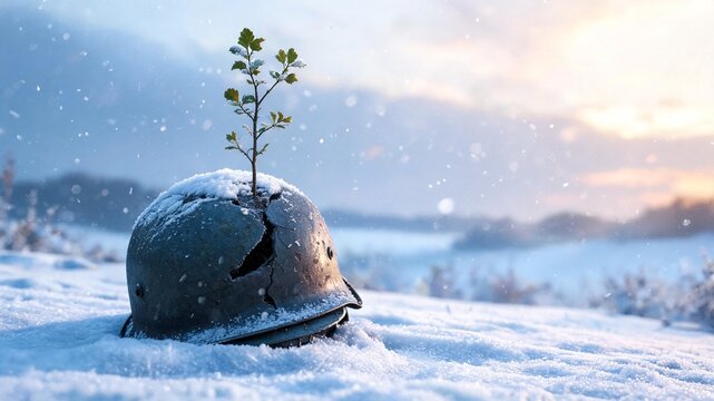 A powerful symbol for International Day of Peace featuring a small green plant sapling growing out of a rusted, cracked military helmet in the snow.