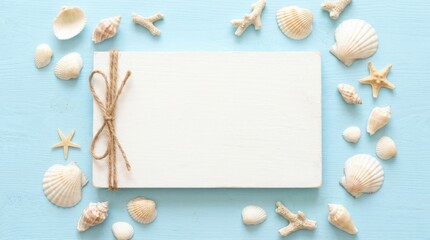 Obraz premium Seashells and blank sign on blue summer background, seashells blank sign, starfish beach theme, flat lay copy space, summer
